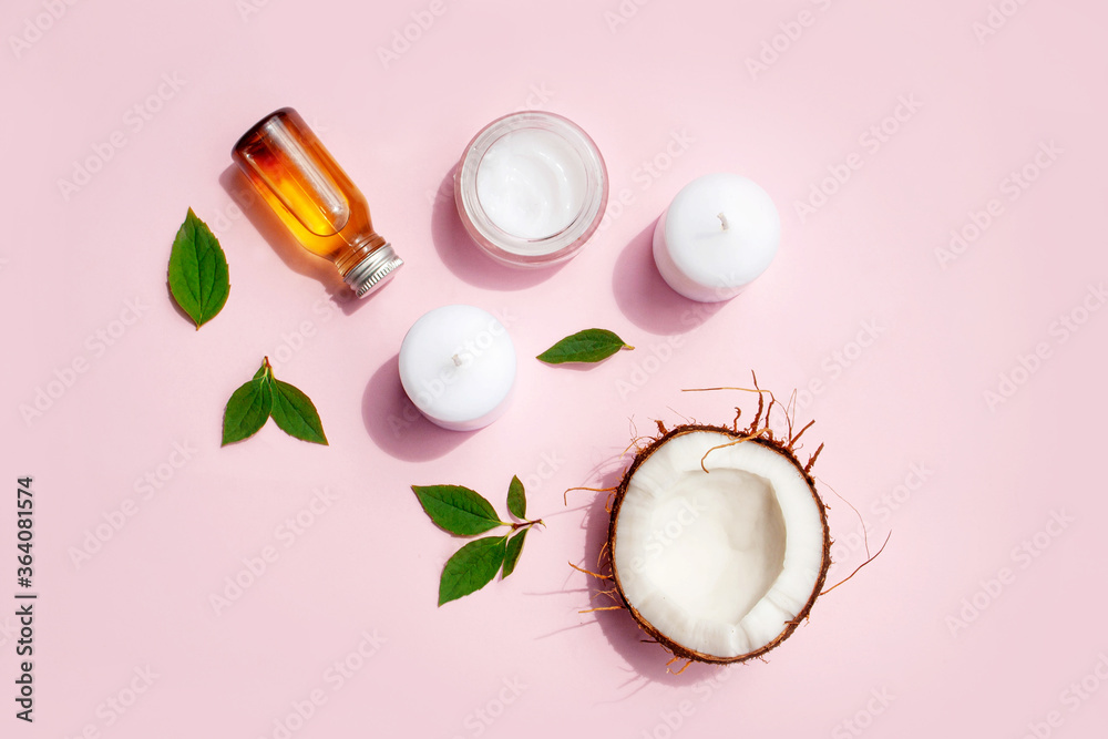 Coconut cosmetics. Coconut oil, coconut cream and spa candles. Natural body care Coconut cosmetics. Coconut oil, coconut cream and spa candles. Natural body care
