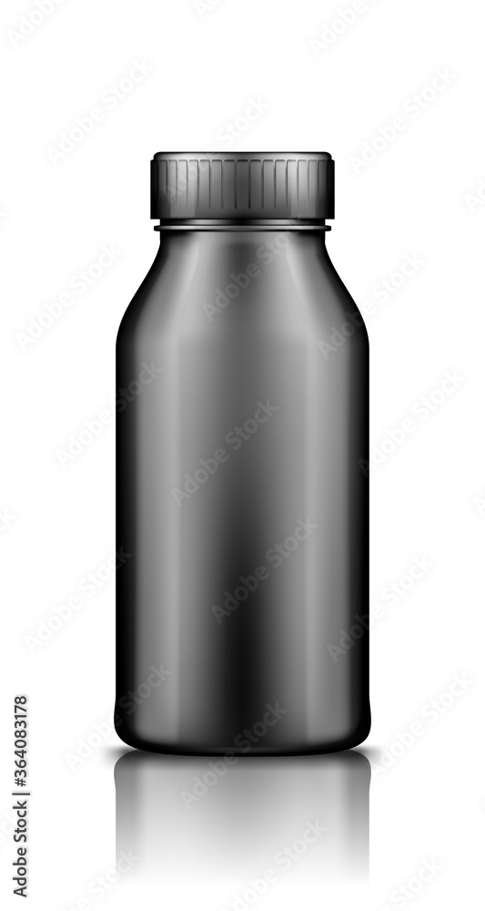 Yogurt, milk, juice or shampoo black bottle with lid mockup isolated on white background. Plastic package design. Blank food, cosmetic or detergent product. Container template. 3d vector illustration Yogurt, milk, juice or shampoo black bottle with lid mockup isolated on white background. Plastic package design. Blank food, cosmetic or detergent product. Container template. 3d vector illustration