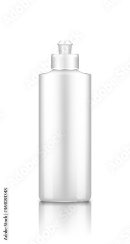 Liquid dishwashing detergent, rinser plastic bottle mockup with cap. Washing machine bleach and laundry soap package. Blank hygiene, housekeeping product template. 3d vector illustration