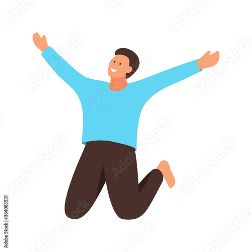 Happy young beautiful man jumping flat vector illustration. Man having fun, dancing and jumping with hands up in the air. Happy smiling stylish boy performing dance and jump in the air