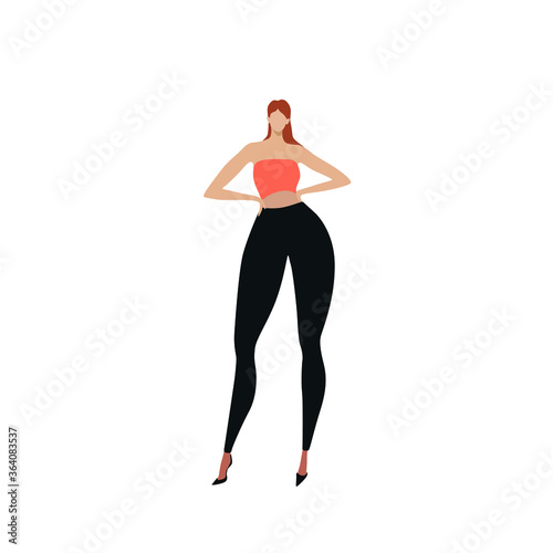 Vector illustration of sexy standing girl fashion model. Woman figure in tight sportswear.