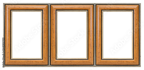 Triple wooden frame (triptych) for paintings, mirrors or photos isolated on white background