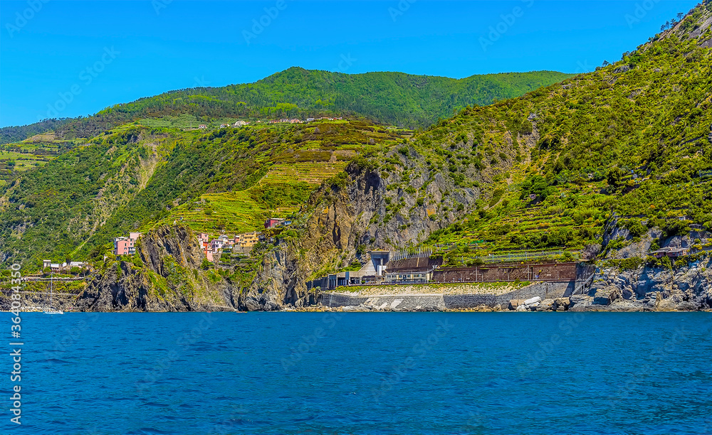 A panorama view from the sea looking towards in the village of Manarola, Italy in the summertime