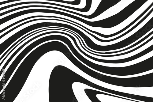 Digital image with a psychedelic stripes. Vector illustration. Texture with wavy, curves lines. Optical art background. Wave design black and white. 