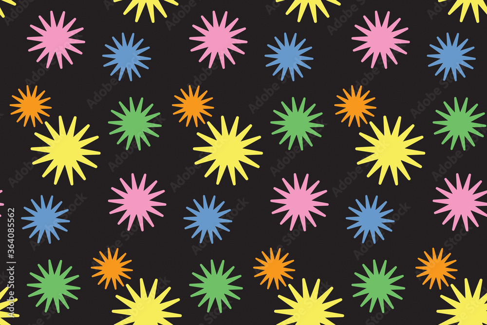 Seamless pattern with fantasy flowers. Fantasy print for clothes, web, greeting cards, gift wrap and design. Black, yellow, blue, orange, pink and green colors. Celebration style. Jpg file Seamless pattern with fantasy flowers. Fantasy print for clothes, web, greeting cards, gift wrap and design. Black, yellow, blue, orange, pink and green colors. Celebration style. Jpg file