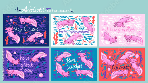 Set of cute cards with axolotl with funny inscriptions. Vector graphics.