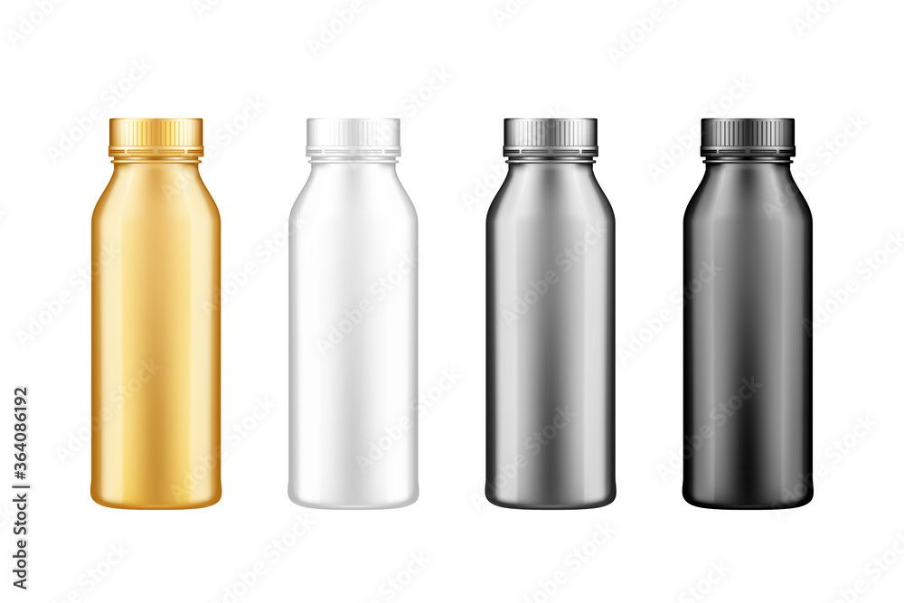 Yoghurt, milk, juice or shampoo bottle with lid mockup set . Plastic package design. Blank white, silver, gold, black food, cosmetic or detergent product container template. 3d vector illustration Yoghurt, milk, juice or shampoo bottle with lid mockup set . Plastic package design. Blank white, silver, gold, black food, cosmetic or detergent product container template. 3d vector illustration
