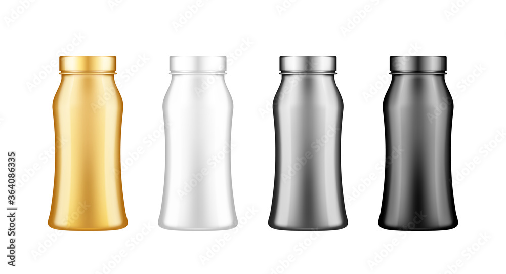 Yogurt, milk, juice or shampoo plastic bottle with lid mockup set. Package design. Blank white, silver, gold, black food, cosmetic or detergent product. Container template. 3d vector illustration Yogurt, milk, juice or shampoo plastic bottle with lid mockup set. Package design. Blank white, silver, gold, black food, cosmetic or detergent product. Container template. 3d vector illustration