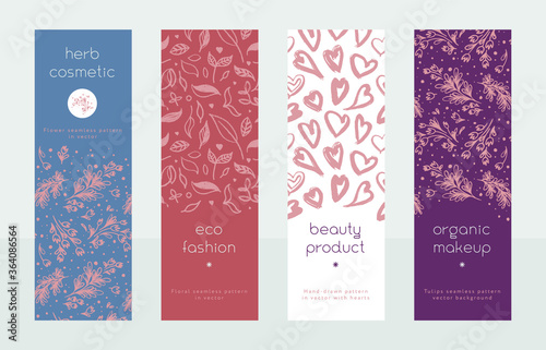 Natural cosmetic label tag with tender floral pattern and hand drawn hearts background. Eco cosmetics concept for vertical beauty banner. Eco friendly backdrop. Icons leaves for beauty care products. 