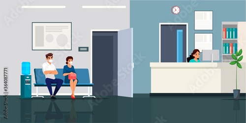 People in mask waiting for doctor at clinic hall