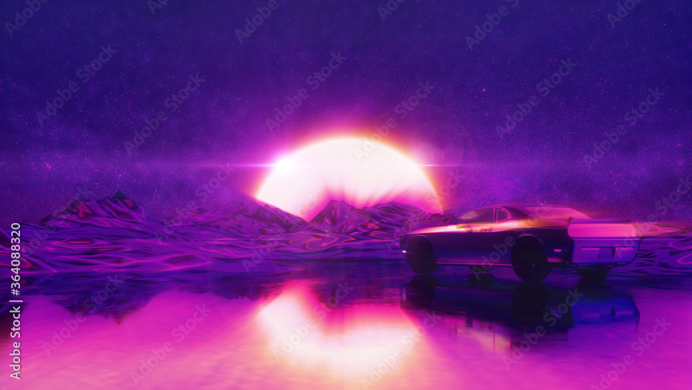 RETRO LANDSCAPE WITH CAR: Neon glowing sun and starry sky | Synthwave / Retrowave / Vaporwave Background | 3D Illustration
