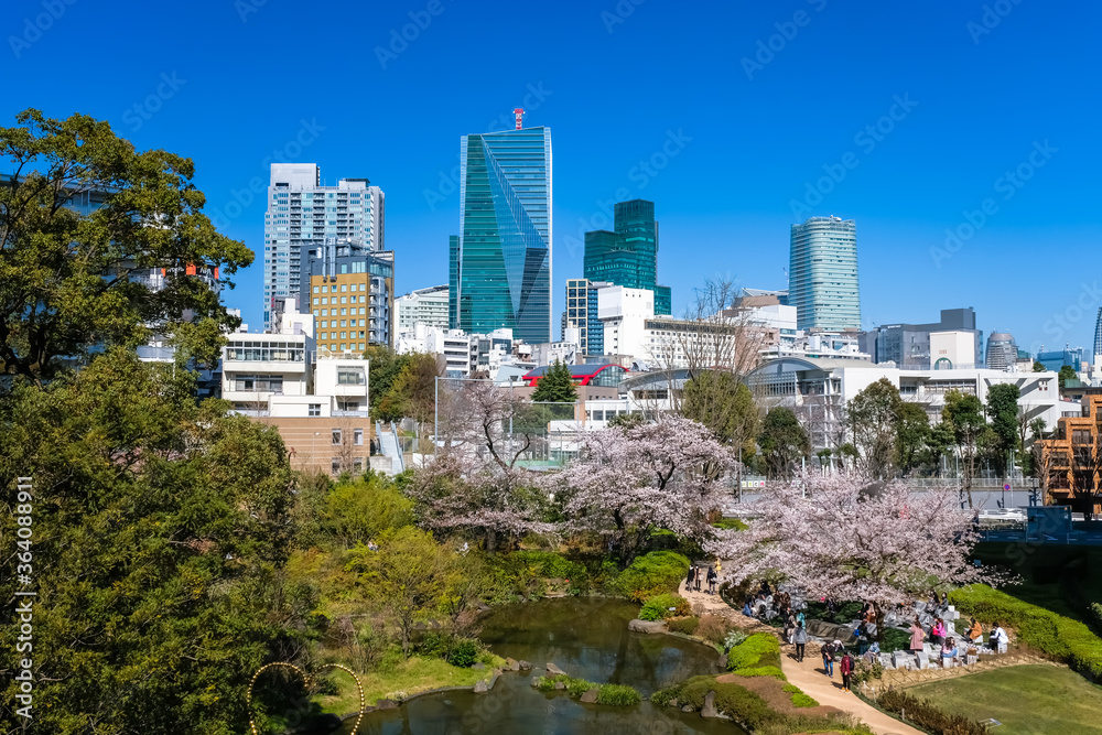 六本木の街並みと春の毛利庭園