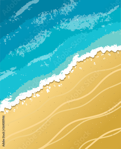 vector painted background of sea sand beach. Sea waves and yellow beach. Bright background for summer banners and advertisements.