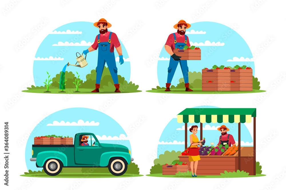 Obraz premium Farmer growing vegetable harvest for sale set