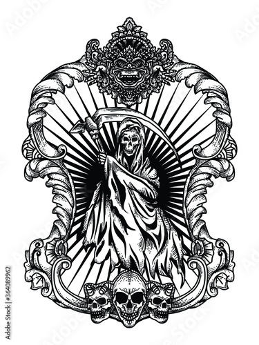 tattoo and t-shirt design black and white hand drawn reaper in frame engraving ornament premium vector