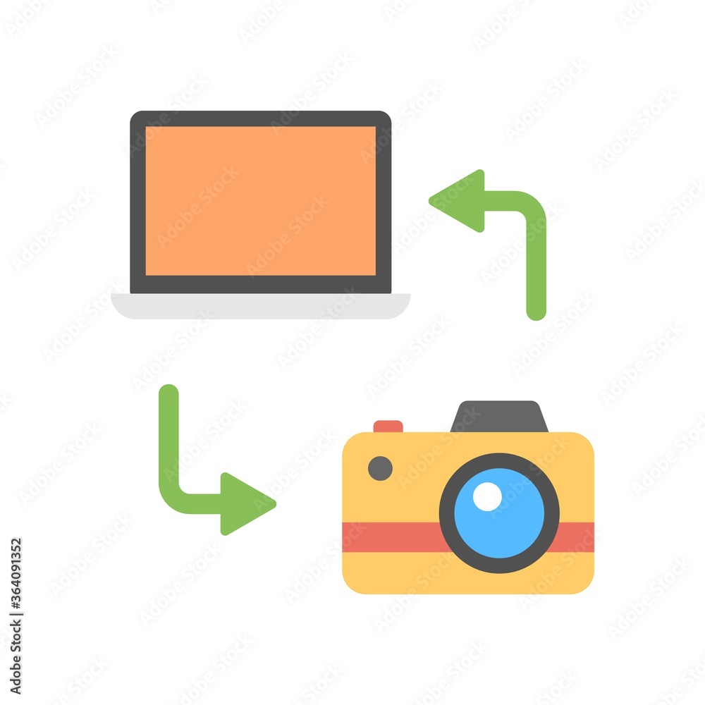 File transfer between laptop and camera. Photo camera connection with computer. Flat icon illustration. File transfer between laptop and camera. Photo camera connection with computer. Flat icon illustration.