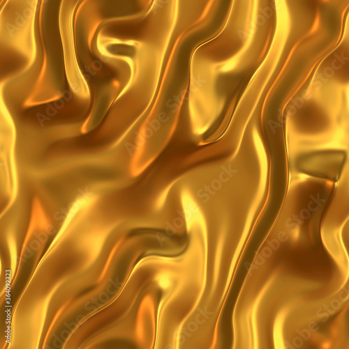 Seamless texture of golden silk. Liquid gold. Gold wavy surface. Golden metal. Texture or background.