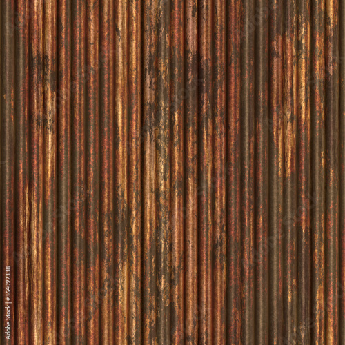 Old bronze surface.  Rusty corrugated metal sheet. Texture of metal fence or covering. Seamless background.