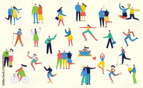 Bundle of cartoon men and women performing outdoor activities on city streee in the flat style