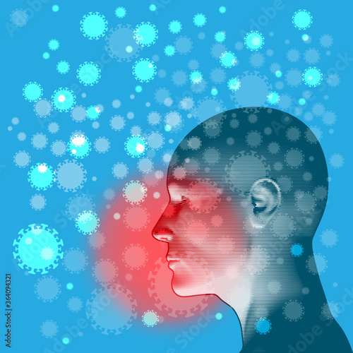 A side human figure surrounded by airborne infectious virus particles. A red glow highlights the areas available to enter the body. 