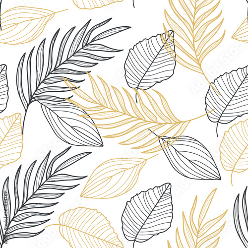 Palm leaves gold line hand drawn seamless pattern