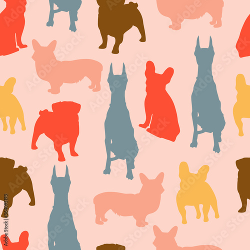 Seamless abstract vector pattern with color silhouettes of dogs.