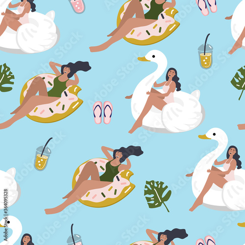 Summer seamless pattern with a girl on an inflatable swan and a girl on an inflatable donut.