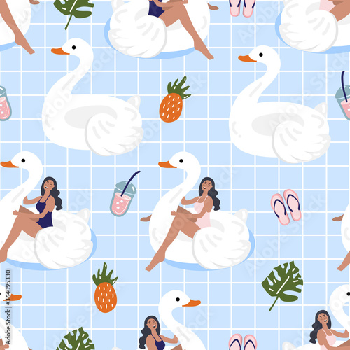 Summer seamless pattern with a girl on an inflatable swan.