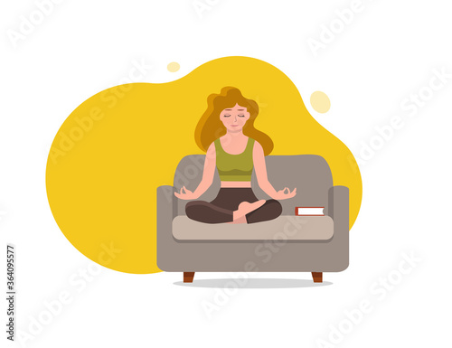 Vector illustration. A young girl meditating on a couch. There is a book next to her.