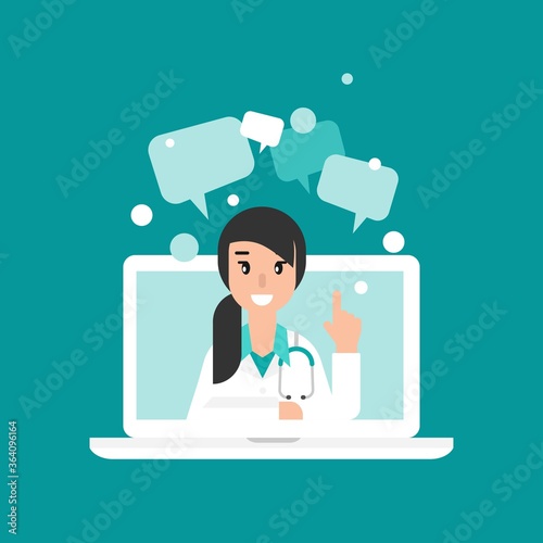 Smiling woman doctor on the laptop screen. Medical internet consultation.