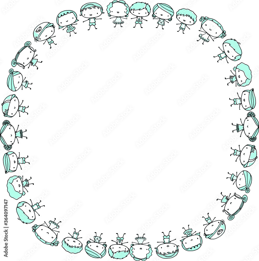vector drawing cartoon kids set with round border vector drawing cartoon kids set with round border