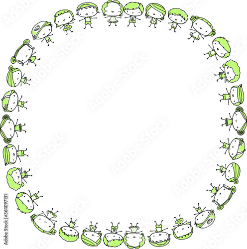 vector drawing cartoon kids set with round border