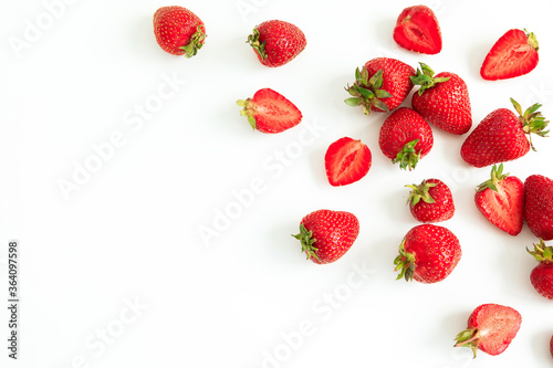 Fresh strawberry on white background. Flat lay. Top view. Summer berries
