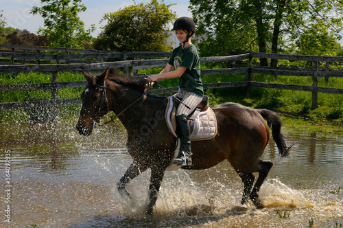 Young girl riding a bay thoroughbred horse splashing through a pond