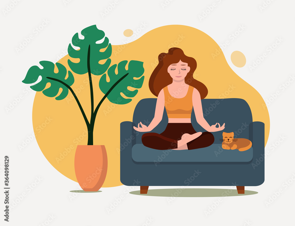 Vector illustration. A Young girl meditating on a couch. There is a red kitten next to her. A potted plant stands near  the couch.