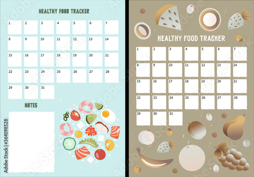 Set of cute vector healthy food trackers with month grid and place for notes. A tracker with fruits. Nice vector flat illustration in cartoon style. Healthy food planner to develop useful habits.