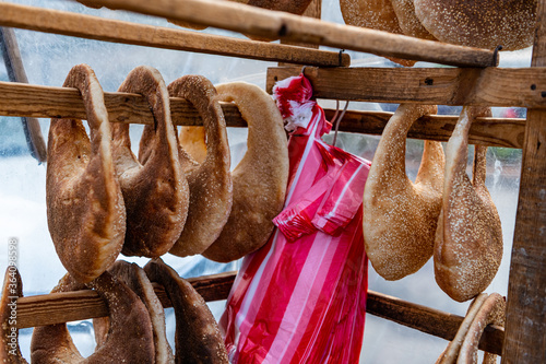 Traditional Lebanese Kaak bread for sale. A handbag shaped bread usually sold on the streets