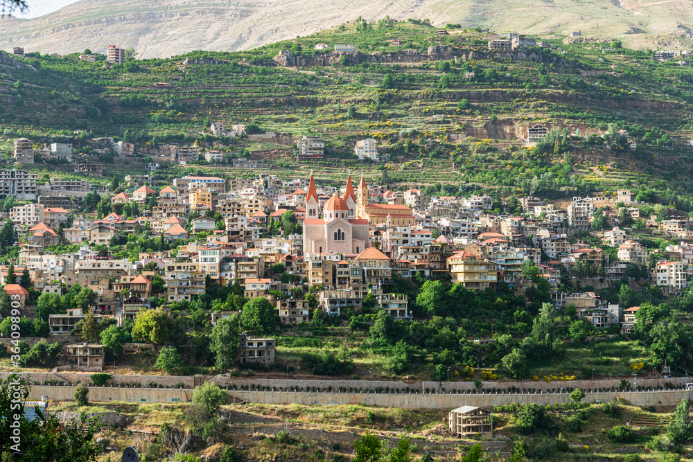 Fototapeta premium View of Bcharre (Bsharri) in Lebanon. The town has the only preserved original Cedars of God (Cedrus libani)