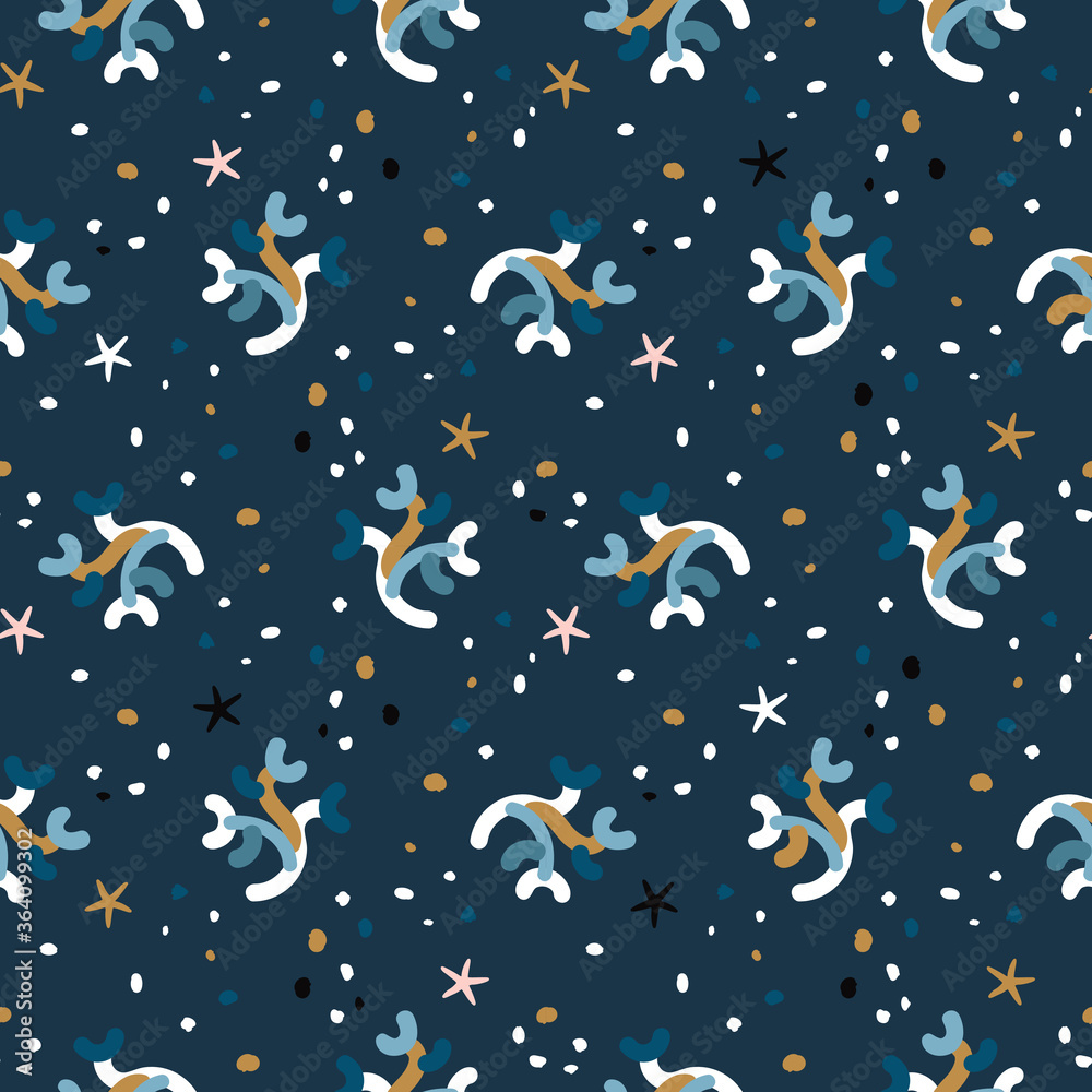 Seamless colorful hand drawn pattern with sea creatures. Abstract texture for fabric, textile, apparel. Vector illustration