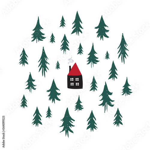 Cozy cabin in a pine forest design. Vector illustration