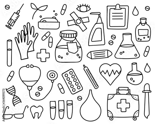 Vector illustration of a doodle set medicine elements,objects.Collection hand drawn medical drugs.Line and outline pharmacy icons.Isolated on white background.For web,design,graphic. Pills and aid.