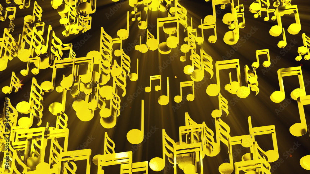 Rain of golden musical notes, computer generated. 3D rendering melodic backdrop Rain of golden musical notes, computer generated. 3D rendering melodic backdrop