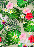 Tropical seamless vector pattern.Summer illustration with parrot and exotic flowers , leaves.
