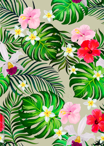 Tropical seamless vector pattern.Summer illustration with parrot and exotic flowers , leaves. © Logunova Elena