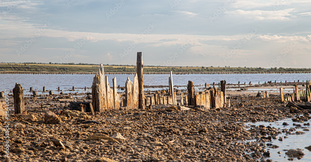 Wooden columns protrude from the kuyalnitsky estuary