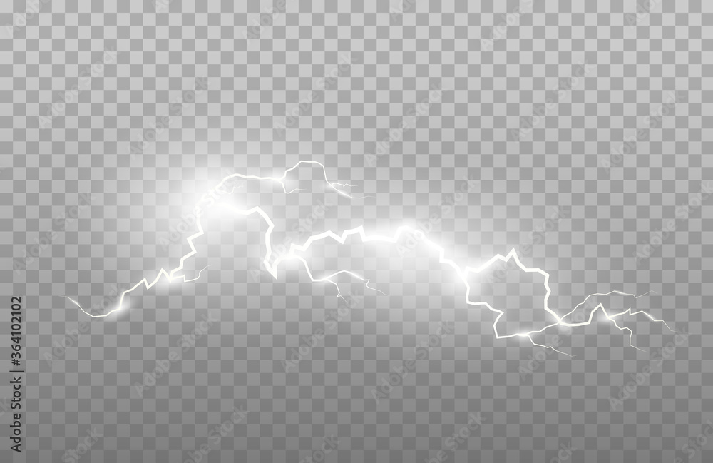 Realism of lightning and bright light effects isolated on a transparent background. Bright flashes and strong thunder - obrazy, fototapety, plakaty 