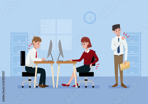 Flat vector cartoon office syndrome, male and female having a shoulder and back pain, vector illustration.