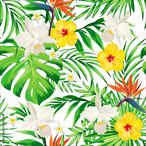  Trendy Tropical seamless vector pattern. Summer illustration with  exotic flowers ,  palm leaves.