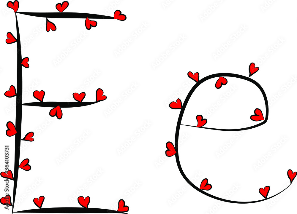 Festive romantic font. Black branches and bright red hearts. Valentine's day. Design of greeting cards and invitations. Latin English letters. Uppercase and lowercase letter E. Concise design