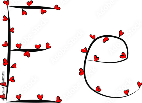 Festive romantic font. Black branches and bright red hearts. Valentine's day. Design of greeting cards and invitations. Latin English letters. Uppercase and lowercase letter E. Concise design